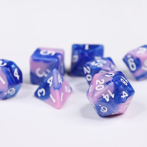 Collection of seven acrylic dice with swirled pale pink and blue colouring and white numbers