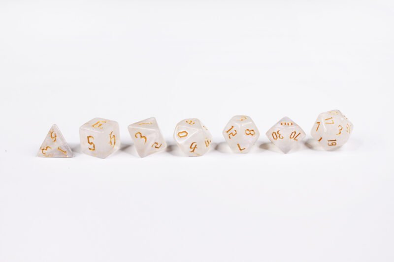 Almiraj Breeder Poly-Dice Set containing seven different dice: a D20, D100, D12, D10, D8, D6 and a D4