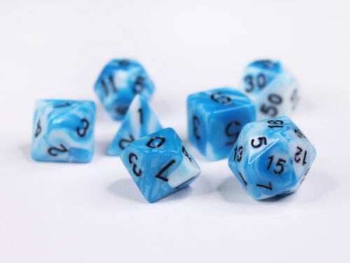 Collection of seven acrylic dice with swirled white and turquoise blue colouring and black numbers