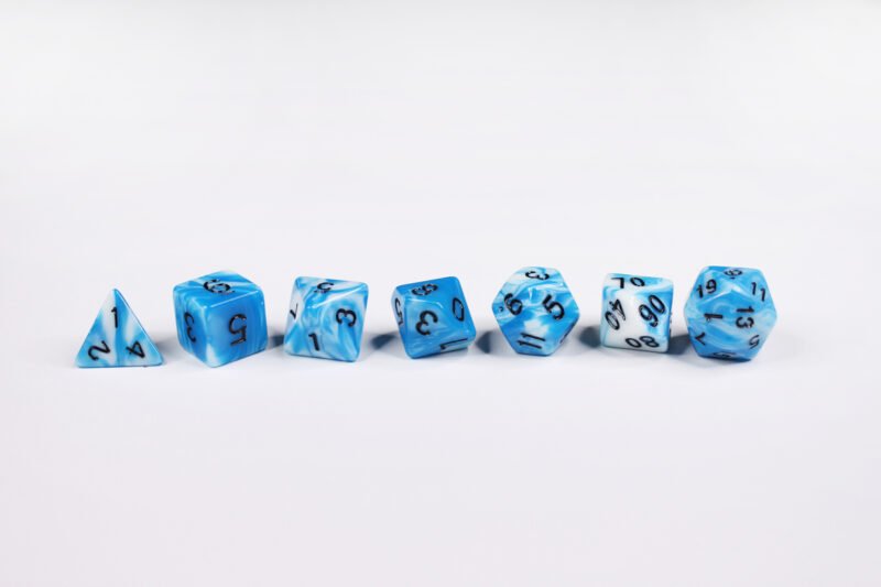 Avian Enchanter Poly-Dice Set containing seven different dice: a D20, D100, D12, D10, D8, D6 and a D4