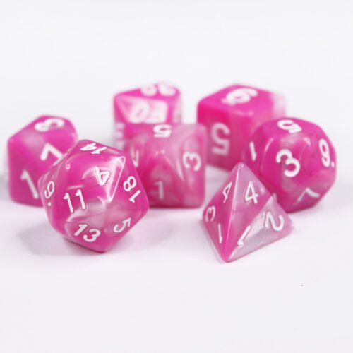 Collection of seven acrylic dice with swirled pearly pink and white colouring and white numbers