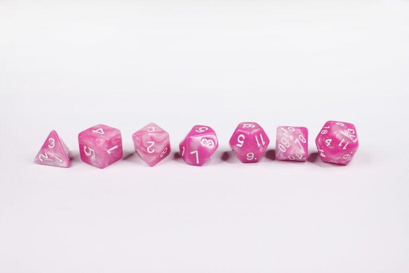 Candyfloss Golem Poly-Dice Set containing seven different dice: a D20, D100, D12, D10, D8, D6 and a D4