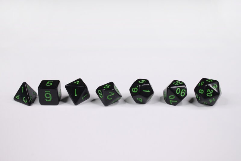 Cultist Sigil Poly-Dice Set containing seven different dice: a D20, D100, D12, D10, D8, D6 and a D4