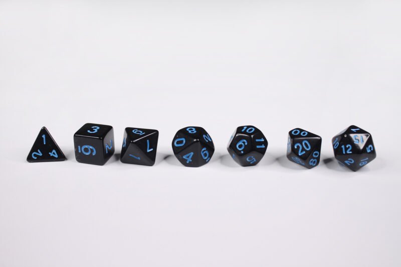 Dark Eclipse Poly-Dice Set containing seven different dice: a D20, D100, D12, D10, D8, D6 and a D4