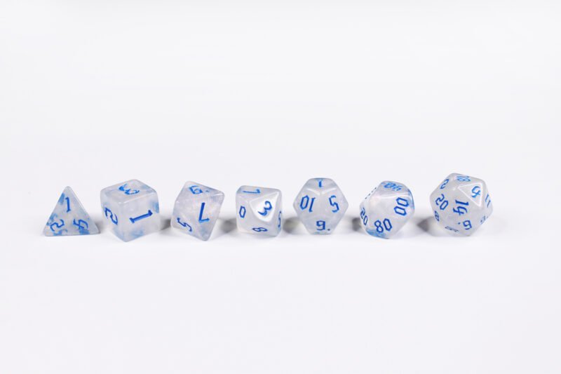 Dwarven Diamond Poly-Dice Set containing seven different dice: a D20, D100, D12, D10, D8, D6 and a D4