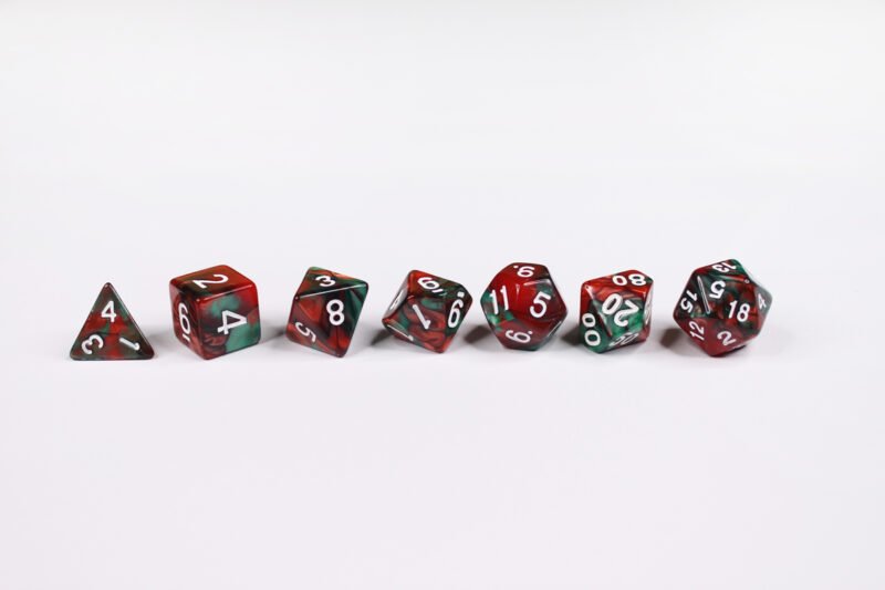 Forest Dragon Poly-Dice Set containing seven different dice: a D20, D100, D12, D10, D8, D6 and a D4