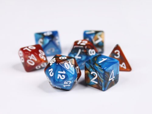 Collection of seven acrylic dice with swirled pearly turquoise and orange colouring and white numbers