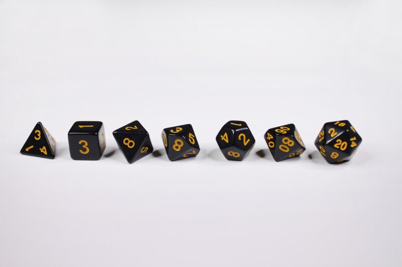 Lunar Calling Poly-Dice Set containing seven different dice: a D20, D100, D12, D10, D8, D6 and a D4