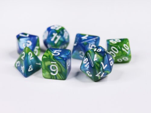 Collection of seven acrylic dice with swirled pearly blue and green colouring and white numbers