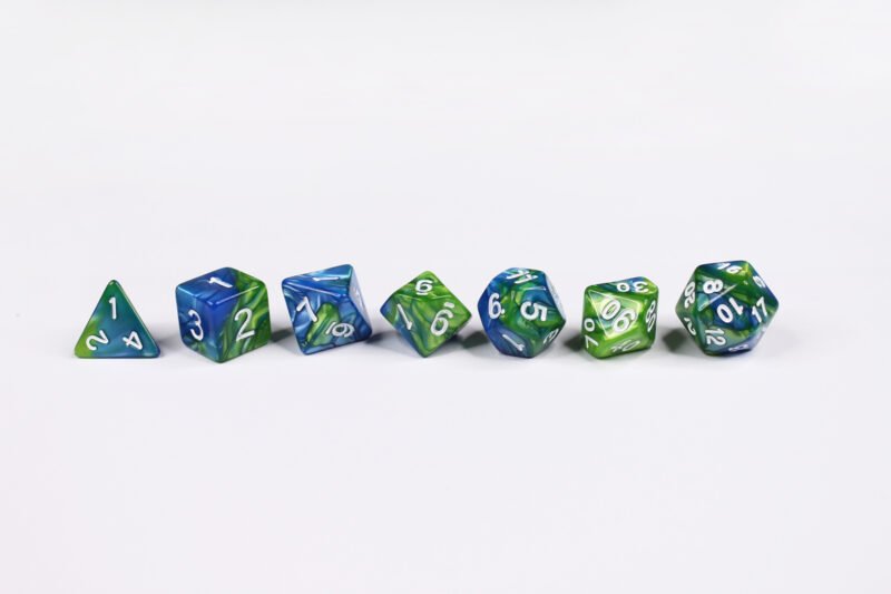 Mutant Beast Poly-Dice Set containing seven different dice: a D20, D100, D12, D10, D8, D6 and a D4