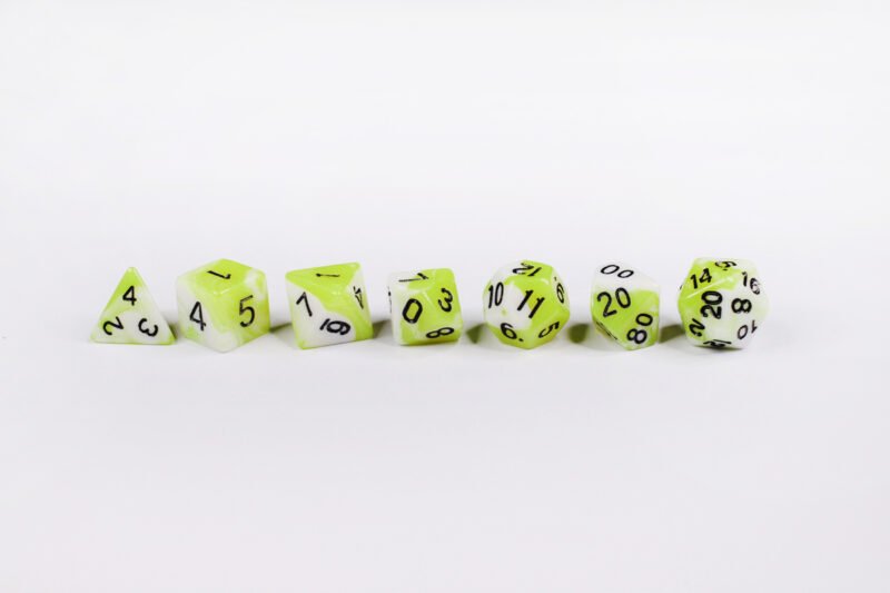 Ogre Snot Poly-Dice Set containing seven different dice: a D20, D100, D12, D10, D8, D6 and a D4