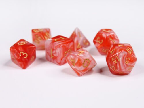 Collection of seven acrylic dice with swirled pearly red and white colouring and gold numbers