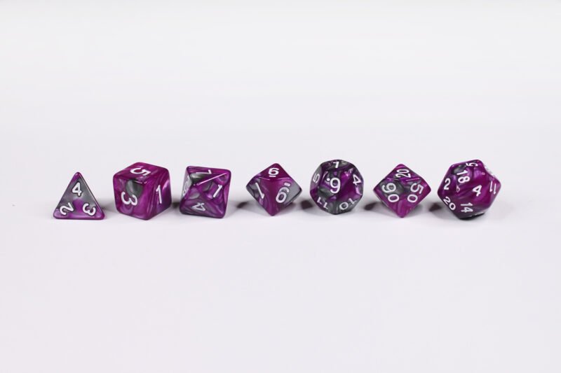 Sea Witch Poly-Dice Set containing seven different dice: a D20, D100, D12, D10, D8, D6 and a D4