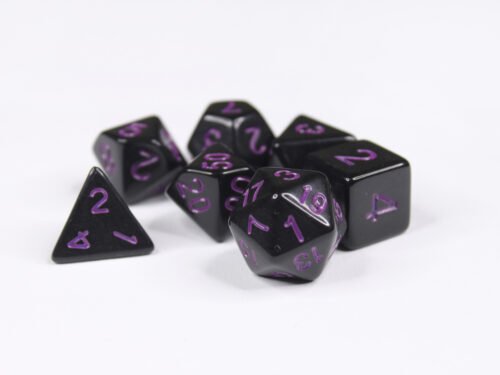 Collection of seven acrylic dice with plain black colouring and purple numbers