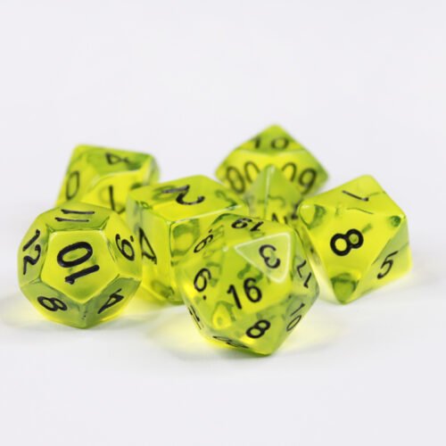 Collection of seven acrylic dice with clear neon green yellow colouring and black numbers