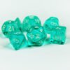 Collection of seven acrylic dice with clear turquoise blue colouring and white numbers