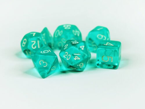 Collection of seven acrylic dice with clear turquoise blue colouring and white numbers