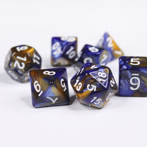 Collection of seven acrylic dice with swirled pearly gold and dark blue colouring and white numbers