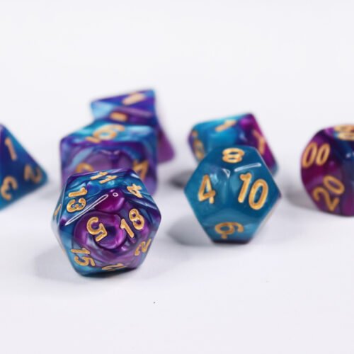 Collection of seven acrylic dice with swirled pearly turquoise and purple colouring and gold numbers