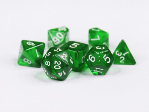 Collection of seven acrylic dice with clear forest green colouring and white numbers