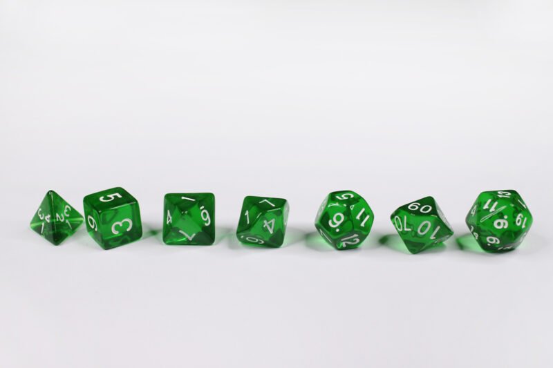 Woodland Ranger Poly-Dice Set containing seven different dice: a D20, D100, D12, D10, D8, D6 and a D4