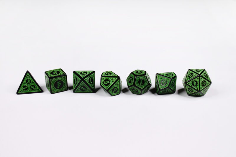 Ancient One Pact Poly-Dice Set containing seven different dice: a D20, D100, D12, D10, D8, D6 and a D4