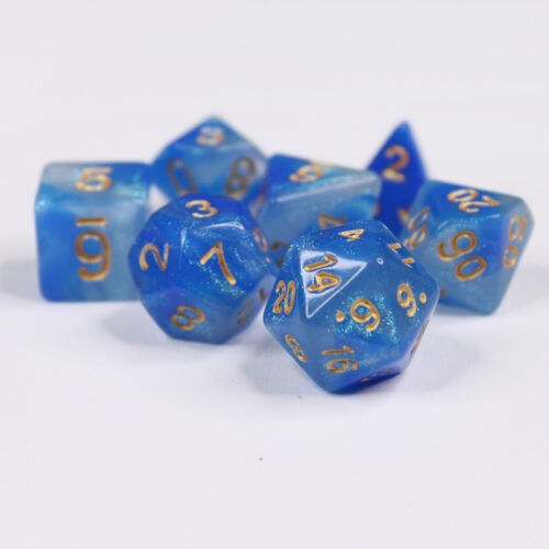 Collection of seven acrylic dice with fine glittery swirled white and blue colouring and gold numbers