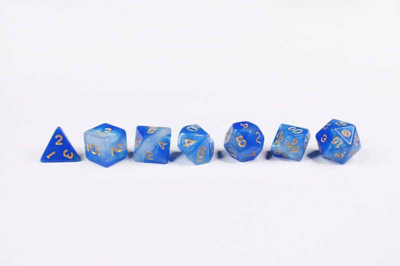Aquatic Adventure Poly-Dice Set containing seven different dice: a D20, D100, D12, D10, D8, D6 and a D4