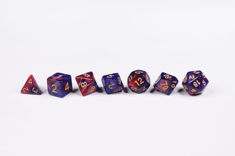 Celestial Sorceror Poly-Dice Set containing seven different dice: a D20, D100, D12, D10, D8, D6 and a D4