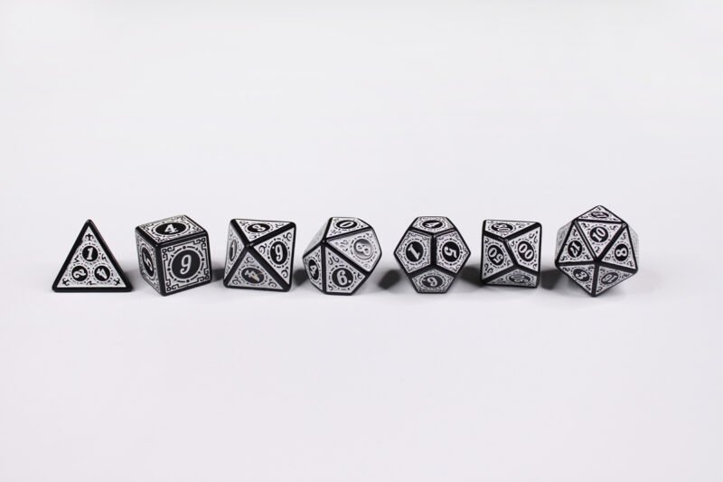 Dark Cleric Conjuring Poly-Dice Set containing seven different dice: a D20, D100, D12, D10, D8, D6 and a D4
