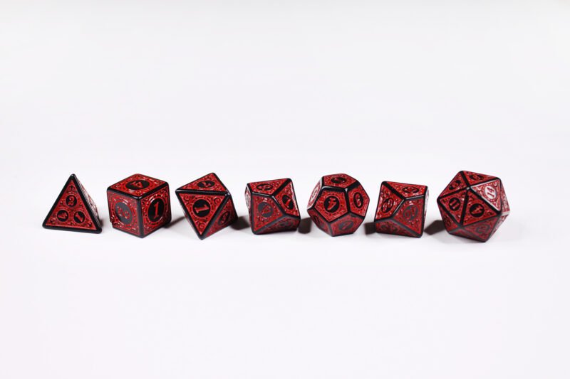Demon Trap Poly-Dice Set containing seven different dice: a D20, D100, D12, D10, D8, D6 and a D4