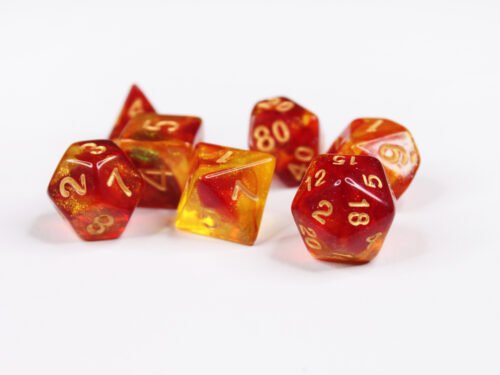 Fire Salamander Poly-Dice Set containing seven different dice: a D20, D100, D12, D10, D8, D6 and a D4