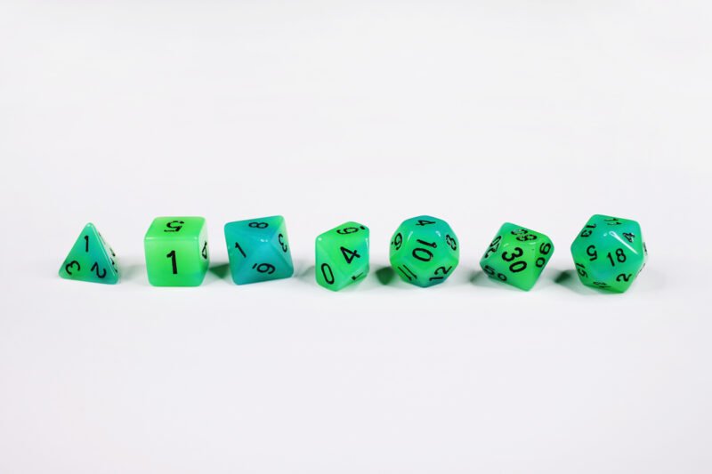 Glowing Wurm Poly-Dice Set containing seven different dice: a D20, D100, D12, D10, D8, D6 and a D4