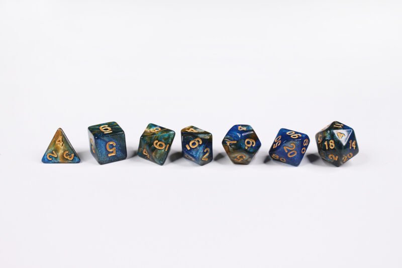 Pirate Treasure Poly-Dice Set containing seven different dice: a D20, D100, D12, D10, D8, D6 and a D4