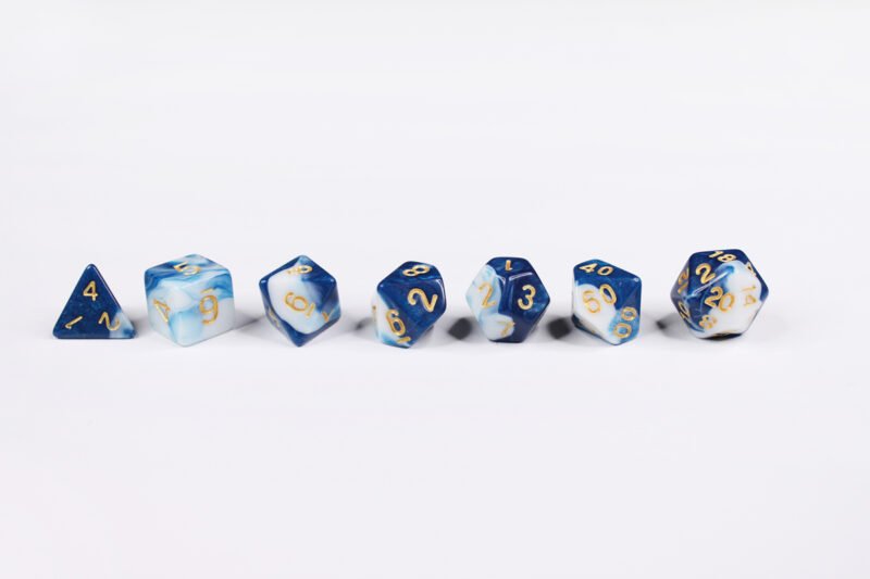 Stormy Pegasus Poly-Dice Set containing seven different dice: a D20, D100, D12, D10, D8, D6 and a D4