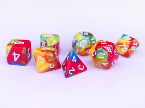 Collection of seven acrylic dice with swirled blue, green, red and yellow colouring and white numbers