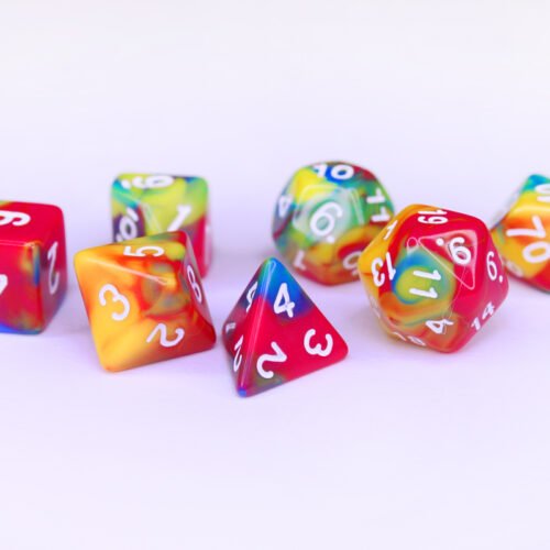 Collection of seven acrylic dice with swirled blue, green, red and yellow colouring and white numbers