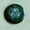 A black coloured button badge showing an illustrated blue and grey 20 sided die on the number 20 side.