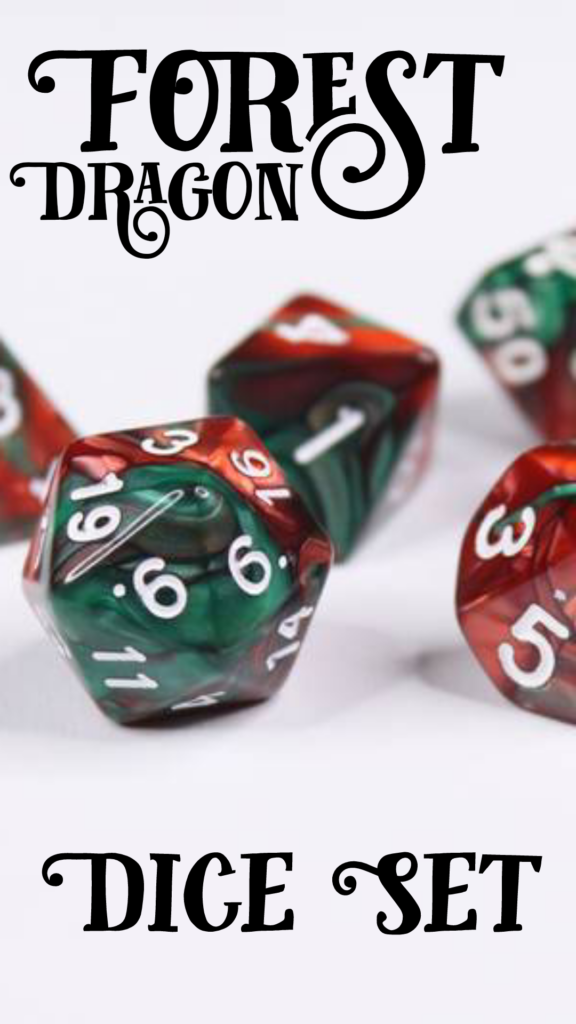 A set of polyhedral dice in the colours red and green with white numbers.