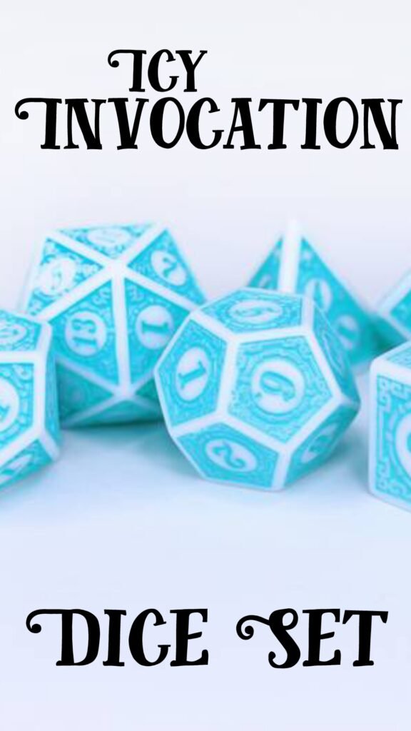 A set of polyhedral dice in the colours white and turquoise blue with blue numbers.