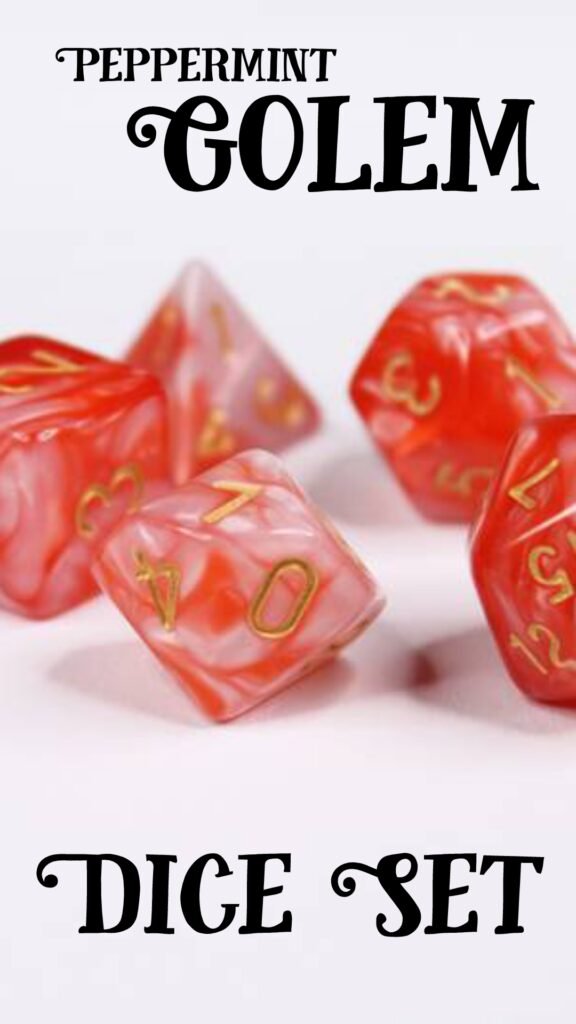 A set of polyhedral dice in the colours red and white with gold coloured numbers.