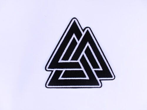 An embroidered patch of the Norse symbol Valknut in the colours black and white