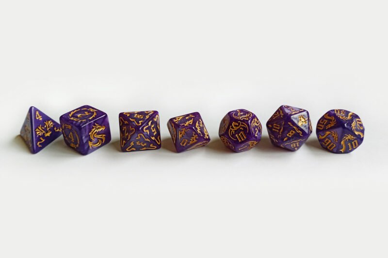 Amethyst Dragon Poly-Dice Set containing seven different dice: a D20, D100, D12, D10, D8, D6 and a D4