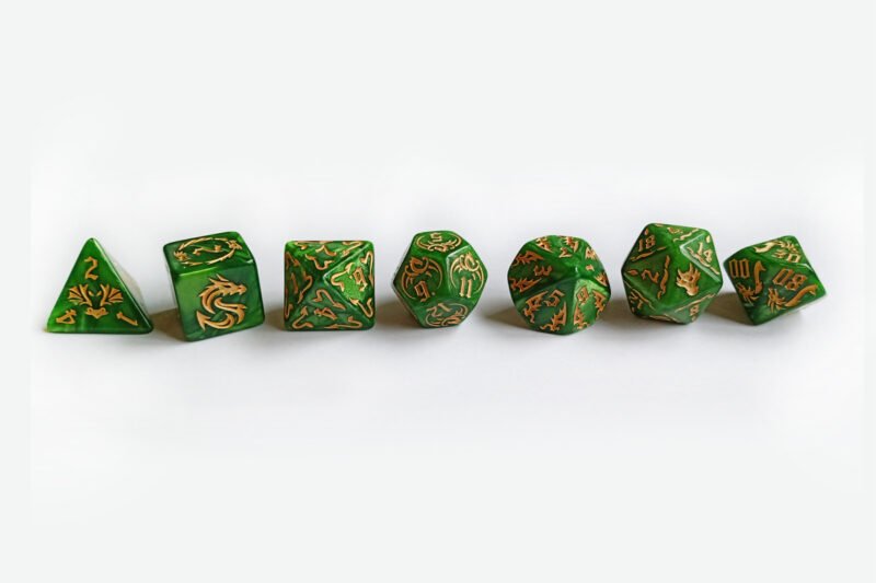 Emerald Dragon Poly-Dice Set containing seven different dice: a D20, D100, D12, D10, D8, D6 and a D4