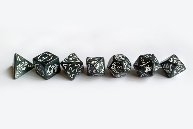 Obsidian Dragon Poly-Dice Set containing seven different dice: a D20, D100, D12, D10, D8, D6 and a D4